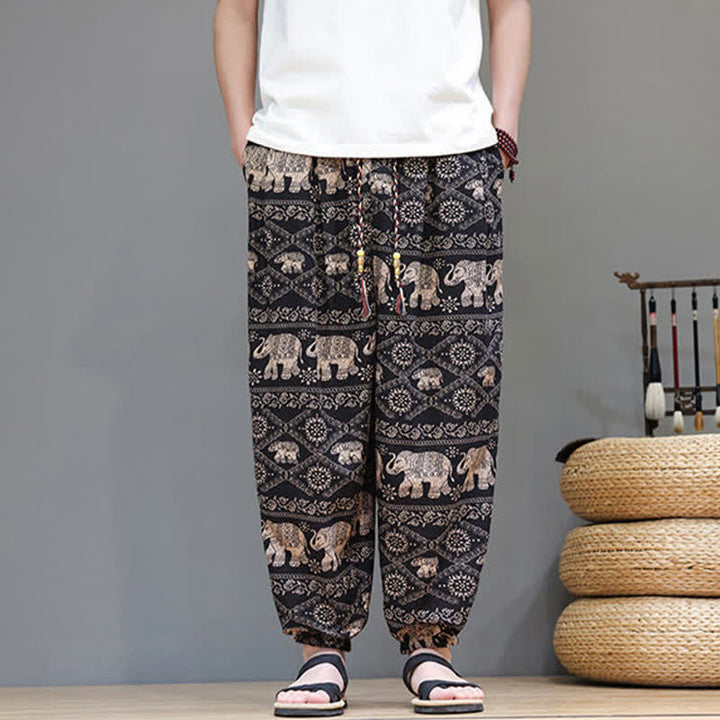 Buddha Stones Summer Casual Boho Drawstring Geometric Elephant Leaves Cropped Pants Men's Harem Pants With Pockets - image 27