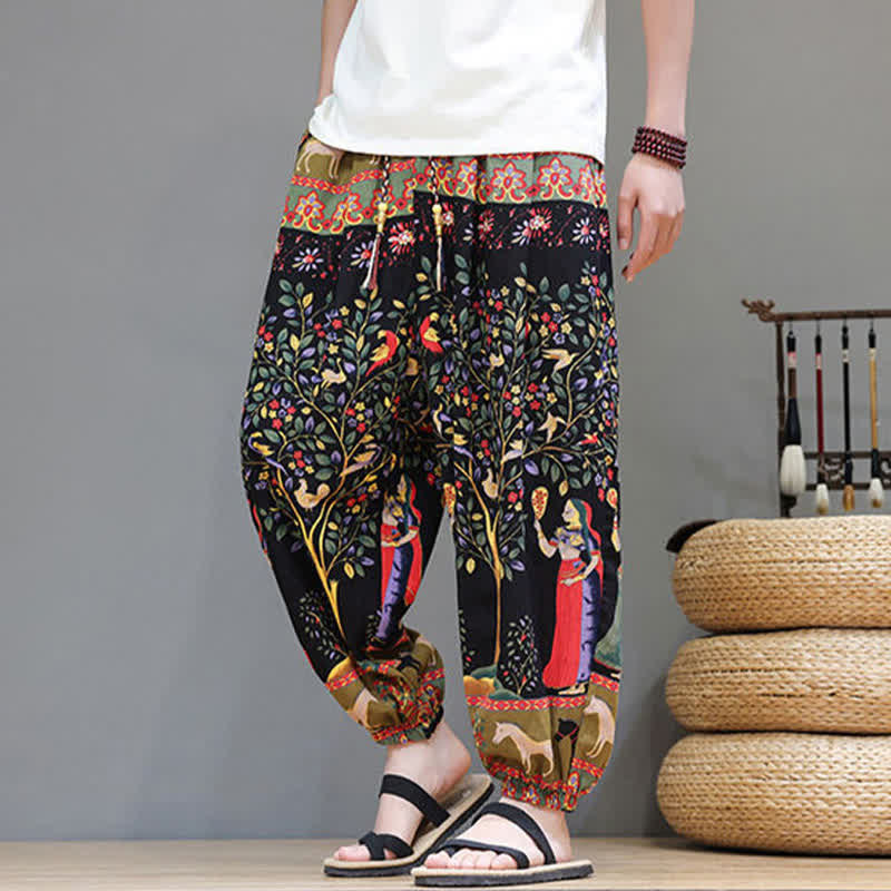 Buddha Stones Summer Casual Boho Drawstring Geometric Elephant Leaves Cropped Pants Men's Harem Pants With Pockets - image 36