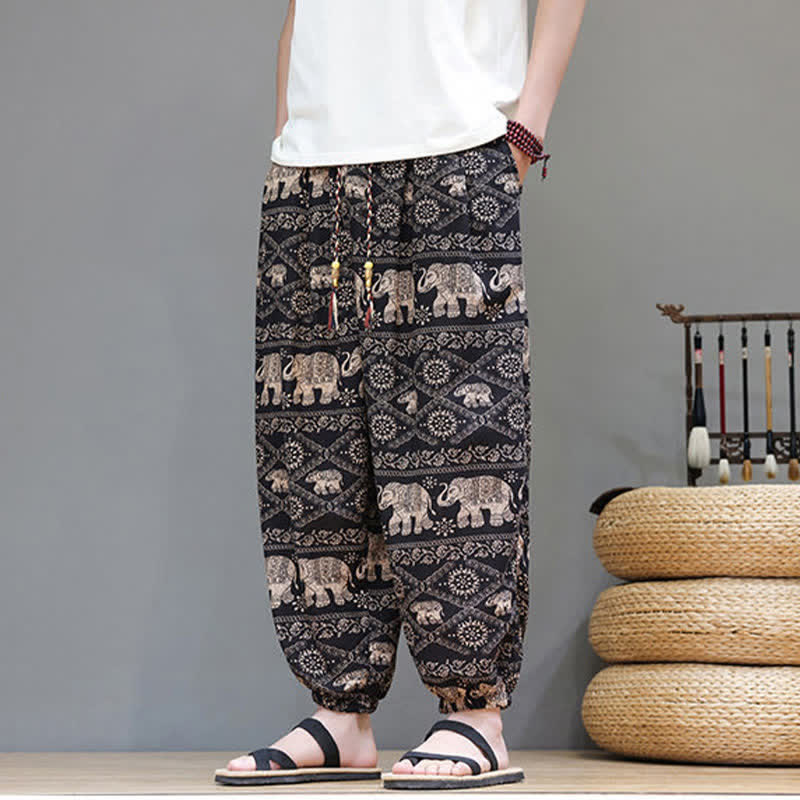 Buddha Stones Summer Casual Boho Drawstring Geometric Elephant Leaves Cropped Pants Men's Harem Pants With Pockets - image 23