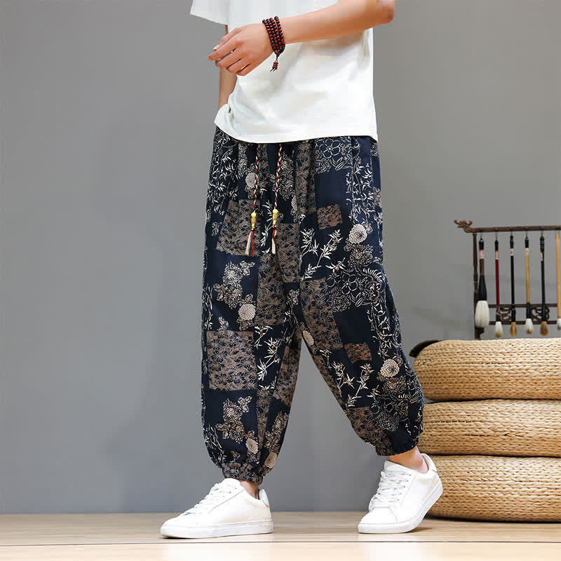 Buddha Stones Summer Casual Boho Drawstring Geometric Elephant Leaves Cropped Pants Men's Harem Pants With Pockets - SteelBlue - US/UK/AU46, EU56 (5XL) - image 11