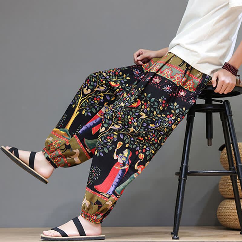 Buddha Stones Summer Casual Boho Drawstring Geometric Elephant Leaves Cropped Pants Men's Harem Pants With Pockets - image 37