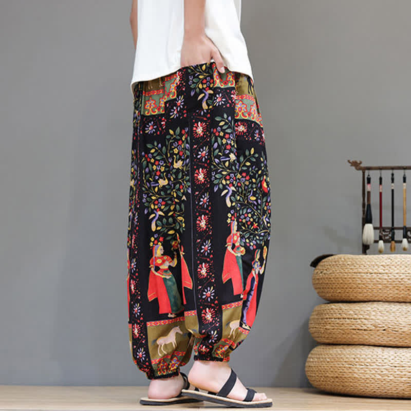 Buddha Stones Summer Casual Boho Drawstring Geometric Elephant Leaves Cropped Pants Men's Harem Pants With Pockets - image 33