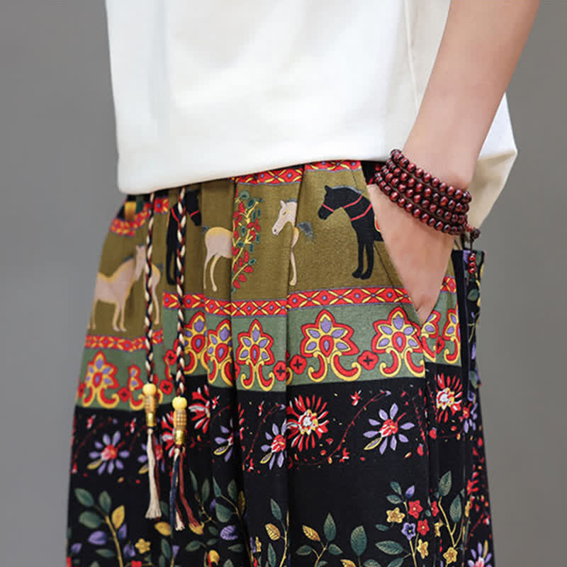 Buddha Stones Summer Casual Boho Drawstring Geometric Elephant Leaves Cropped Pants Men's Harem Pants With Pockets - image 38