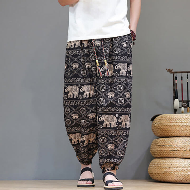 Buddha Stones Summer Casual Boho Drawstring Geometric Elephant Leaves Cropped Pants Men's Harem Pants With Pockets - image 25