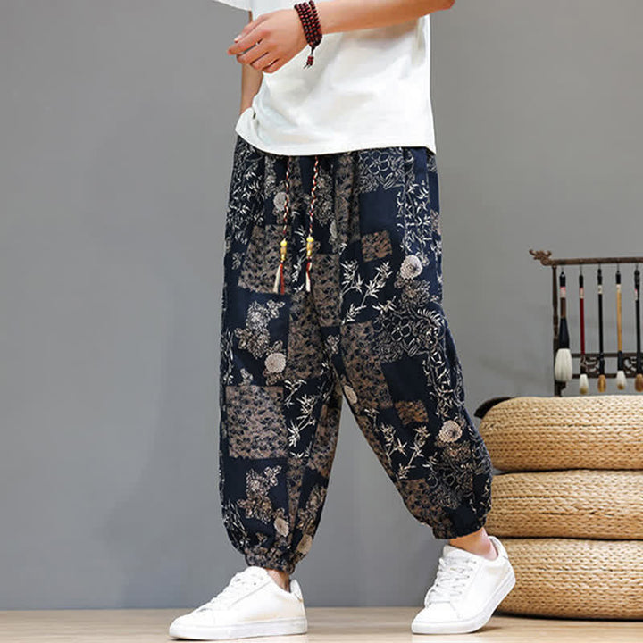 Buddha Stones Summer Casual Boho Drawstring Geometric Elephant Leaves Cropped Pants Men's Harem Pants With Pockets - image 16