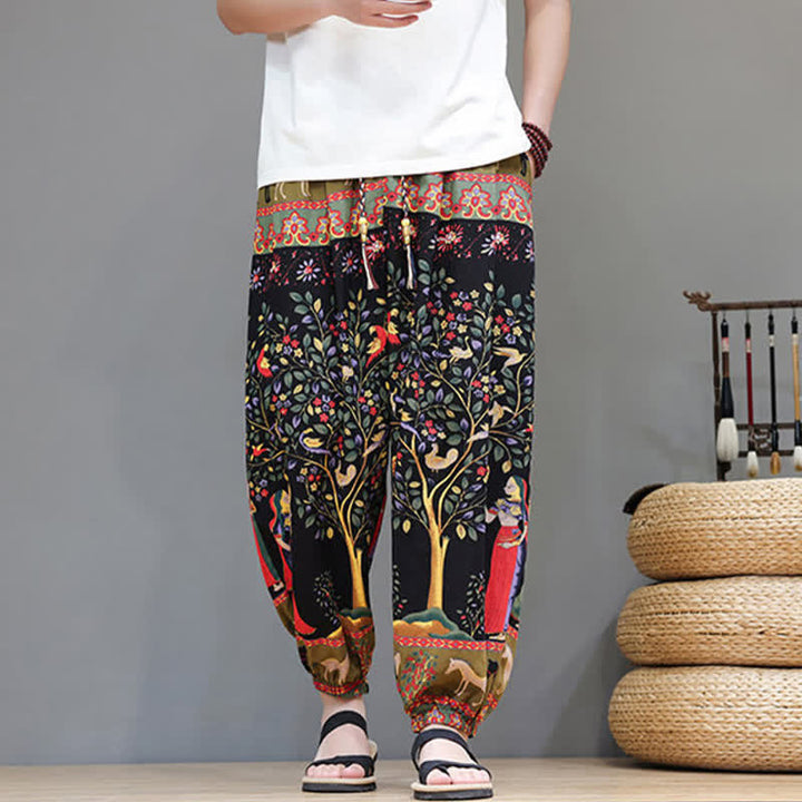 Buddha Stones Summer Casual Boho Drawstring Geometric Elephant Leaves Cropped Pants Men's Harem Pants With Pockets - image 32