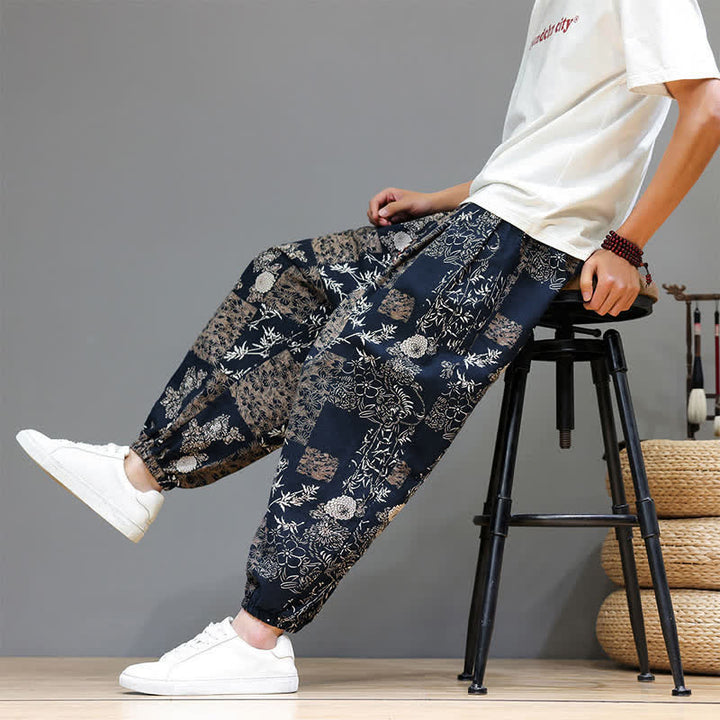 Buddha Stones Summer Casual Boho Drawstring Geometric Elephant Leaves Cropped Pants Men's Harem Pants With Pockets - image 20