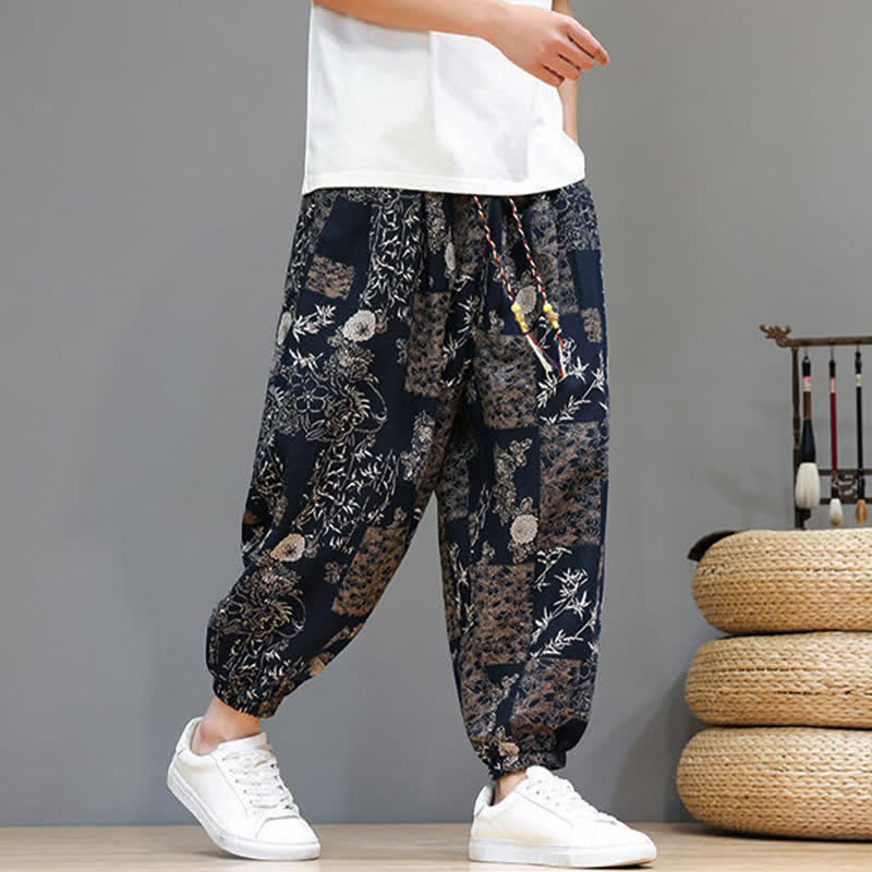 Buddha Stones Summer Casual Boho Drawstring Geometric Elephant Leaves Cropped Pants Men's Harem Pants With Pockets - image 19