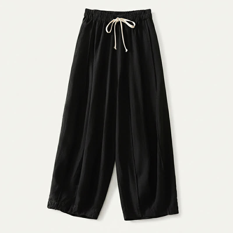 Buddha Stones Summer Casual Simple Drawstring Solid Cotton Linen Cropped Pants Women's Harem Pants With Pocket - Black - US8-10, UK/AU12-14, EU40-42 (2XL) - image 7