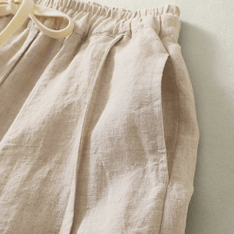 Buddha Stones Summer Casual Simple Drawstring Solid Cotton Linen Cropped Pants Women's Harem Pants With Pocket - image 5