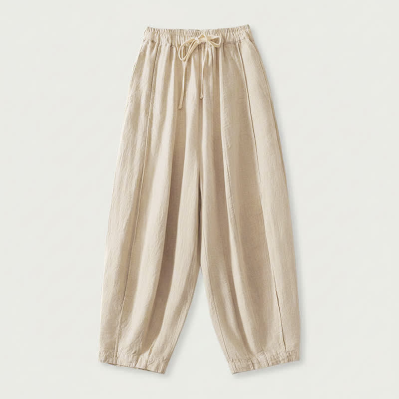Buddha Stones Summer Casual Simple Drawstring Solid Cotton Linen Cropped Pants Women's Harem Pants With Pocket - Beige - US8-10, UK/AU12-14, EU40-42 (2XL) - image 0