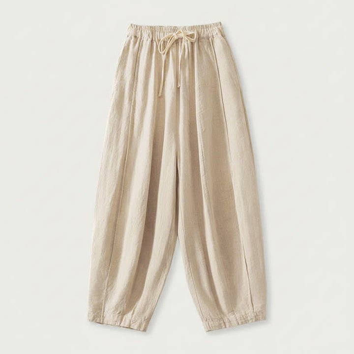 Buddha Stones Summer Casual Simple Drawstring Solid Cotton Linen Cropped Pants Women's Harem Pants With Pocket - Beige - US8-10, UK/AU12-14, EU40-42 (2XL) - image 0
