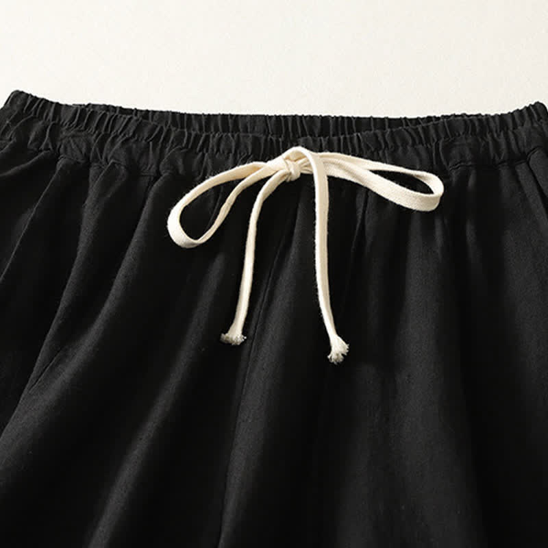 Buddha Stones Summer Casual Simple Drawstring Solid Cotton Linen Cropped Pants Women's Harem Pants With Pocket - image 8