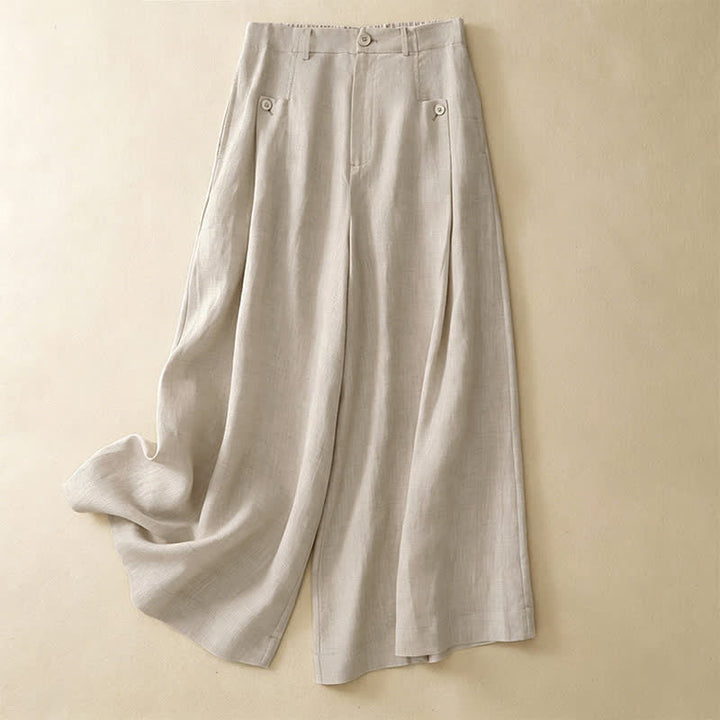 Buddha Stones Summer Casual Elegant Button-Up Solid Cotton Ramie Ankle Pants Women's Wide Leg Pants With Pocket - Beige - US8-10, UK/AU12-14, EU40-42 (2XL) - image 0