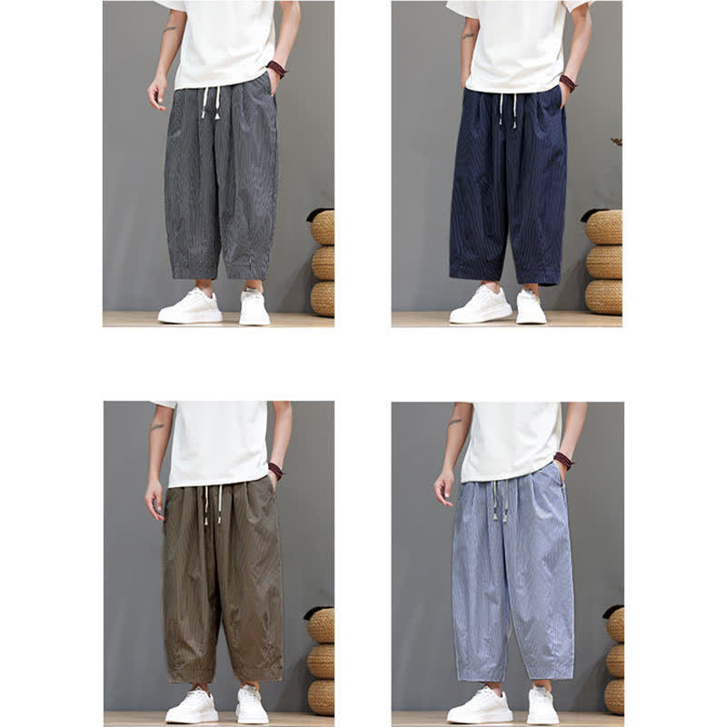 Buddha Stones Summer Casual Drawstring Striped Linen Capri Pants Men's Harem Pants With Pocket - image 43