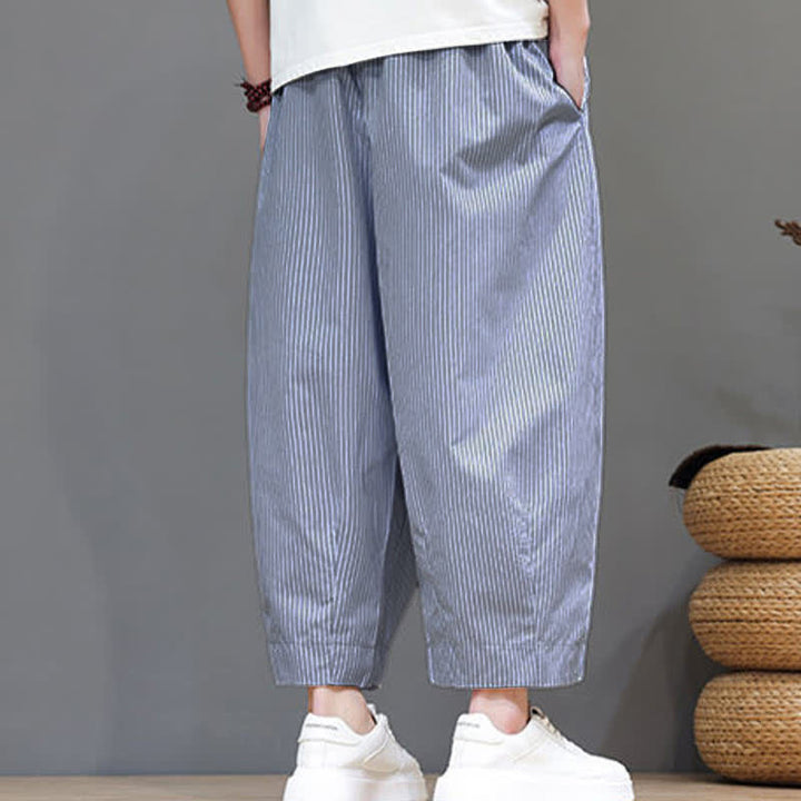 Buddha Stones Summer Casual Drawstring Striped Linen Capri Pants Men's Harem Pants With Pocket - image 4
