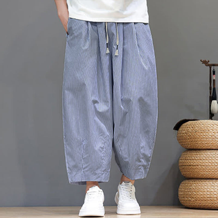 Buddha Stones Summer Casual Drawstring Striped Linen Capri Pants Men's Harem Pants With Pocket - image 1