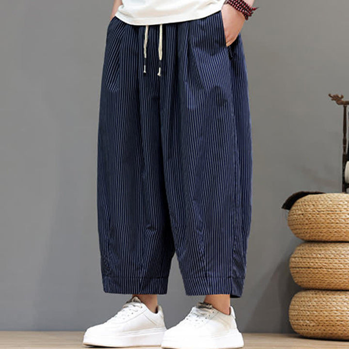 Buddha Stones Summer Casual Drawstring Striped Linen Capri Pants Men's Harem Pants With Pocket - image 17