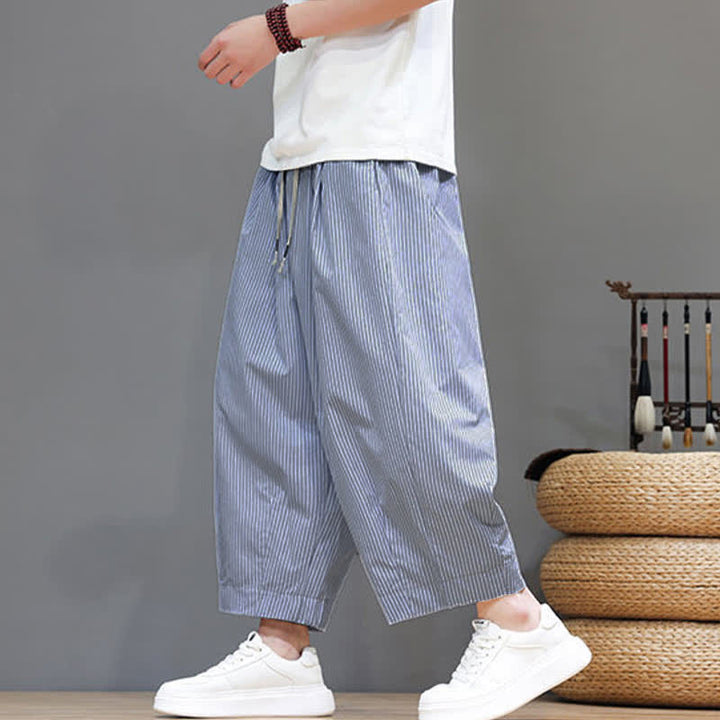 Buddha Stones Summer Casual Drawstring Striped Linen Capri Pants Men's Harem Pants With Pocket - image 8