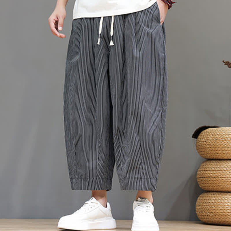 Buddha Stones Summer Casual Drawstring Striped Linen Capri Pants Men's Harem Pants With Pocket - image 36
