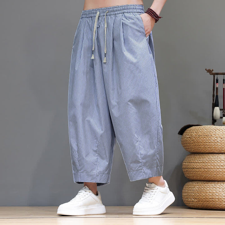 Buddha Stones Summer Casual Drawstring Striped Linen Capri Pants Men's Harem Pants With Pocket - image 3
