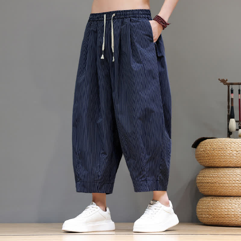 Buddha Stones Summer Casual Drawstring Striped Capri Pants Men's Harem Pants With Pocket - DarkSlateBlue - US/UK/AU46, EU56 (5XL) - image 0