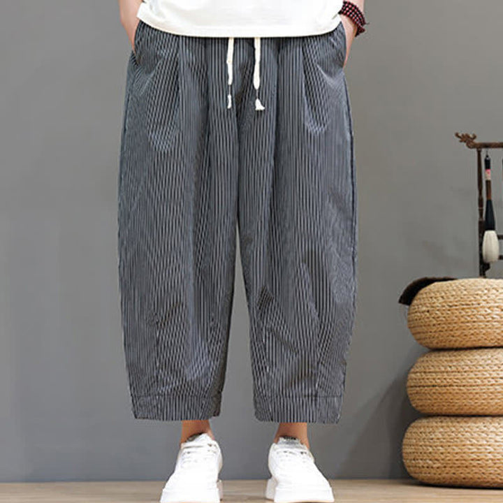 Buddha Stones Summer Casual Drawstring Striped Linen Capri Pants Men's Harem Pants With Pocket - image 37