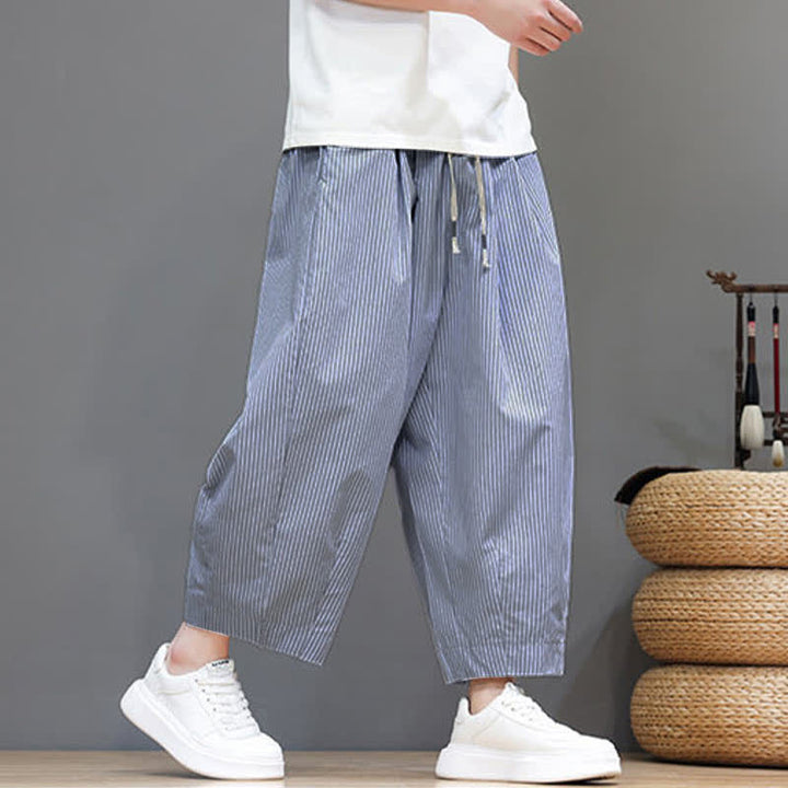 Buddha Stones Summer Casual Drawstring Striped Linen Capri Pants Men's Harem Pants With Pocket - image 7