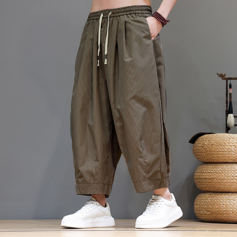 Buddha Stones Summer Casual Drawstring Striped Linen Capri Pants Men's Harem Pants With Pocket - image 22