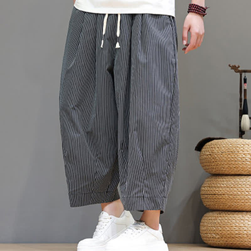 Buddha Stones Summer Casual Drawstring Striped Linen Capri Pants Men's Harem Pants With Pocket - image 39