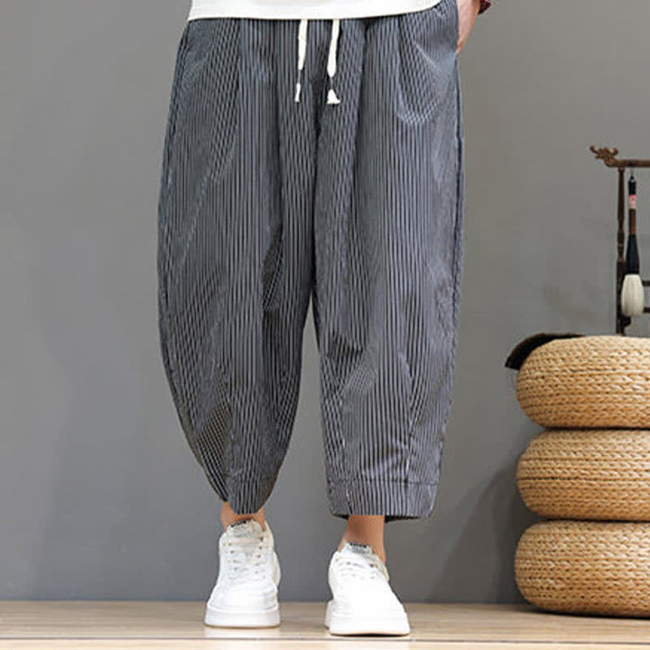 Buddha Stones Summer Casual Drawstring Striped Linen Capri Pants Men's Harem Pants With Pocket - image 35