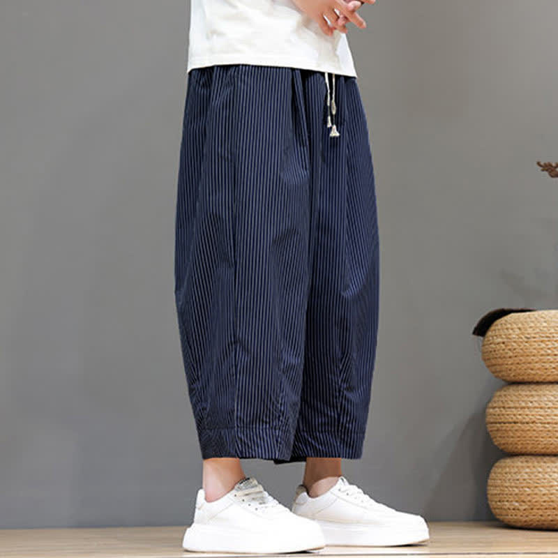 Buddha Stones Summer Casual Drawstring Striped Linen Capri Pants Men's Harem Pants With Pocket - image 15