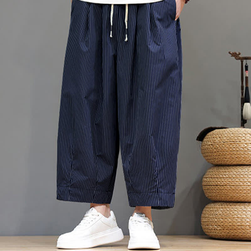 Buddha Stones Summer Casual Drawstring Striped Linen Capri Pants Men's Harem Pants With Pocket - image 16
