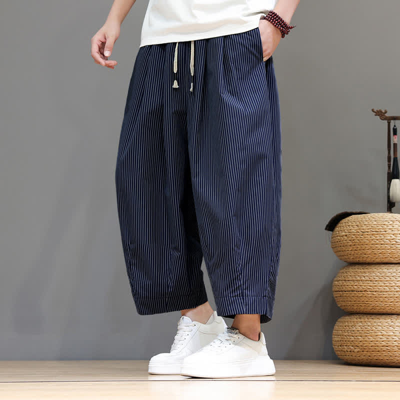 Buddha Stones Summer Casual Drawstring Striped Linen Capri Pants Men's Harem Pants With Pocket - image 18