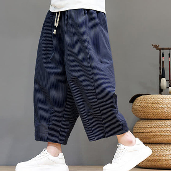 Buddha Stones Summer Casual Drawstring Striped Linen Capri Pants Men's Harem Pants With Pocket - image 12