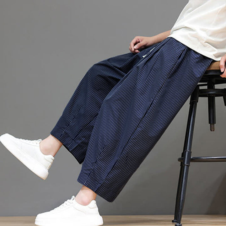 Buddha Stones Summer Casual Drawstring Striped Linen Capri Pants Men's Harem Pants With Pocket - DarkSlateBlue - US/UK/AU46, EU56 (5XL) - image 10