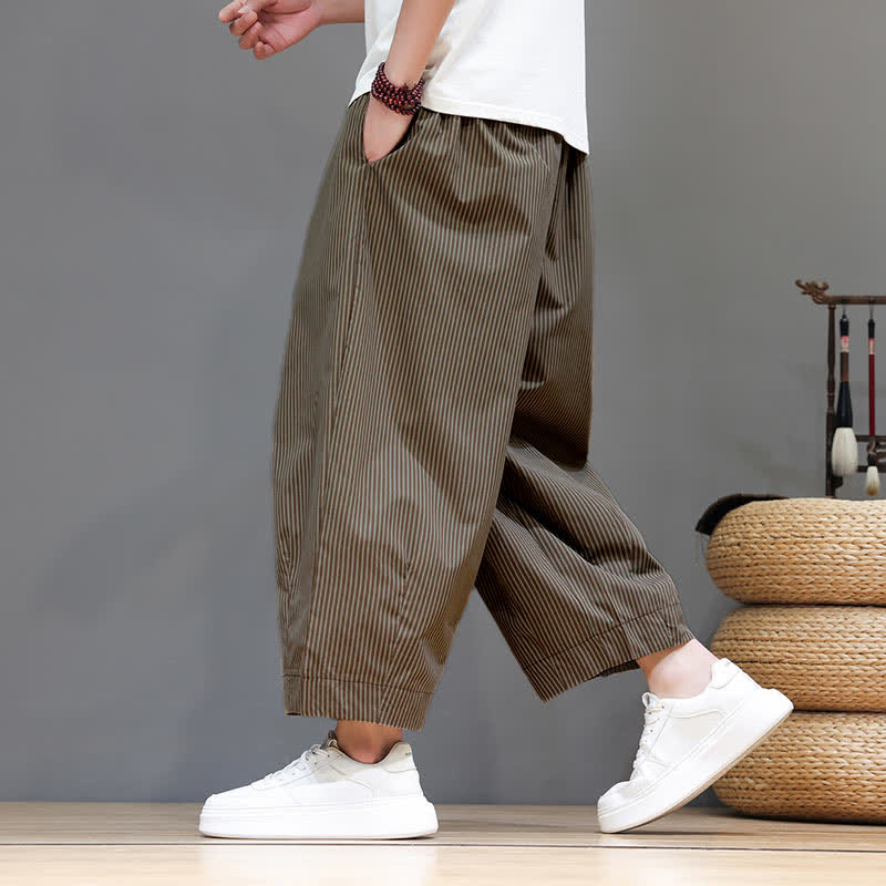 Buddha Stones Summer Casual Drawstring Striped Linen Capri Pants Men's Harem Pants With Pocket - image 26