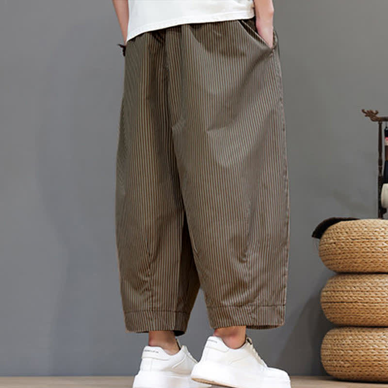 Buddha Stones Summer Casual Drawstring Striped Linen Capri Pants Men's Harem Pants With Pocket - image 27