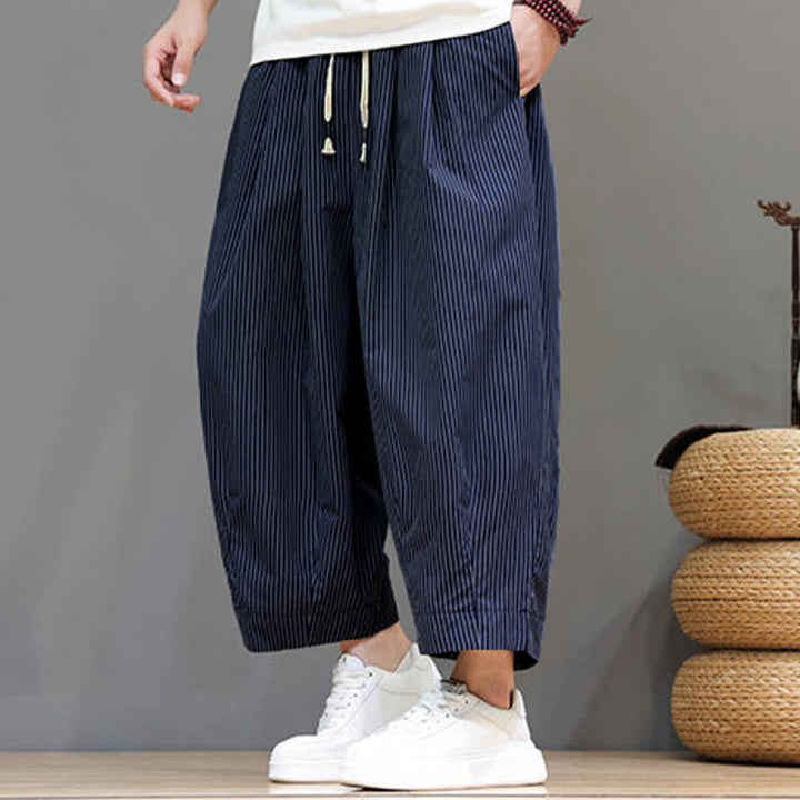 Buddha Stones Summer Casual Drawstring Striped Linen Capri Pants Men's Harem Pants With Pocket - image 13