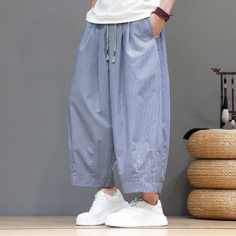 Buddha Stones Summer Casual Drawstring Striped Linen Capri Pants Men's Harem Pants With Pocket - image 2