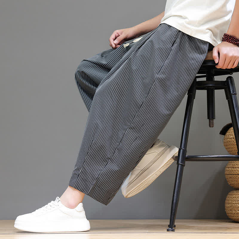 Buddha Stones Summer Casual Drawstring Striped Linen Capri Pants Men's Harem Pants With Pocket - image 34