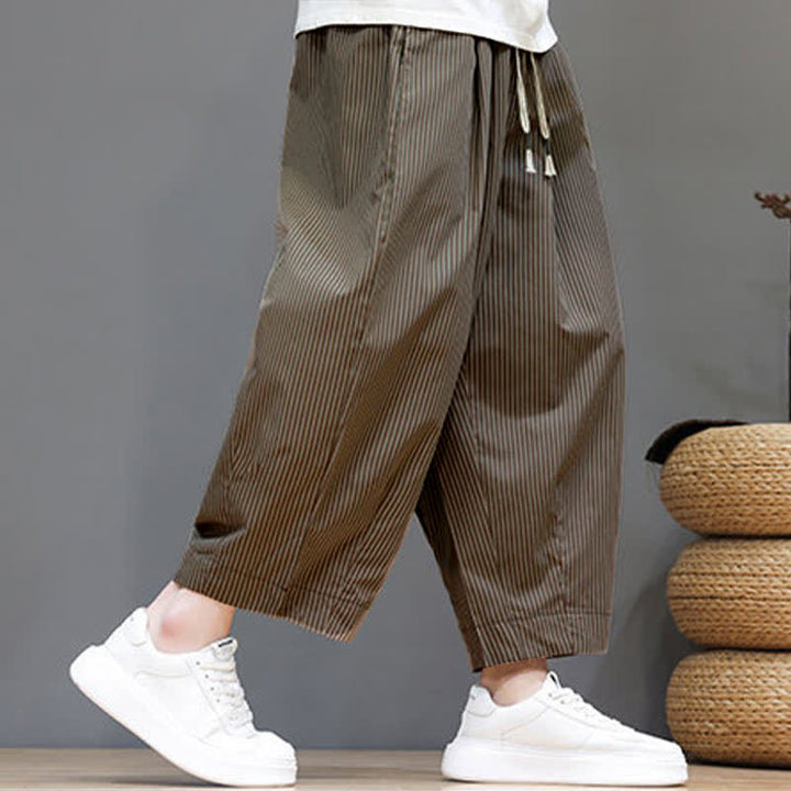 Buddha Stones Summer Casual Drawstring Striped Linen Capri Pants Men's Harem Pants With Pocket - image 29