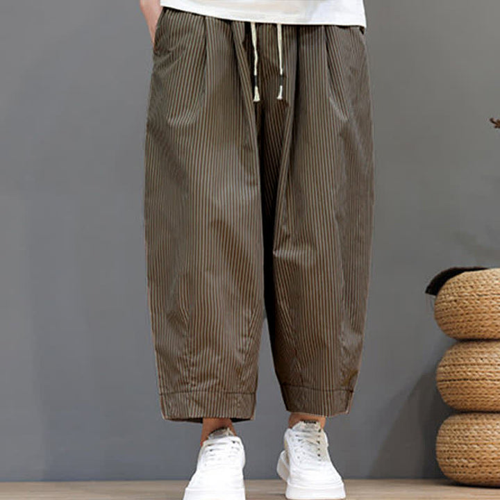 Buddha Stones Summer Casual Drawstring Striped Linen Capri Pants Men's Harem Pants With Pocket - image 24