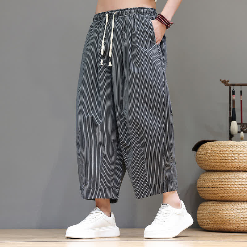 Buddha Stones Summer Casual Drawstring Striped Linen Capri Pants Men's Harem Pants With Pocket - image 41