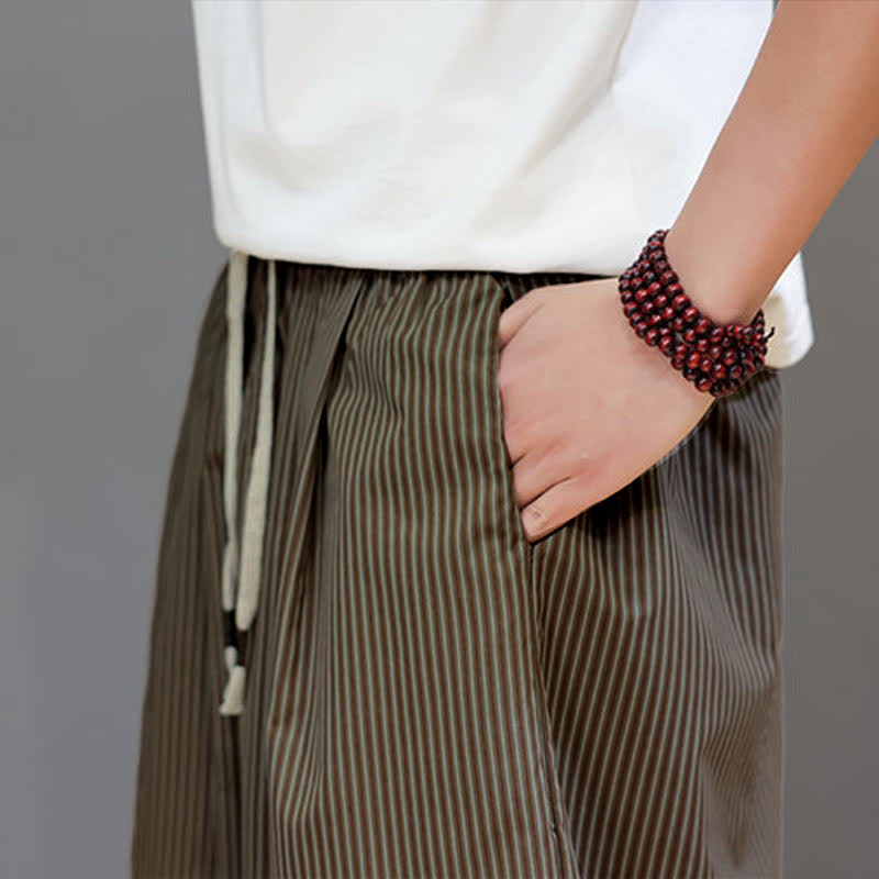 Buddha Stones Summer Casual Drawstring Striped Linen Capri Pants Men's Harem Pants With Pocket - image 31