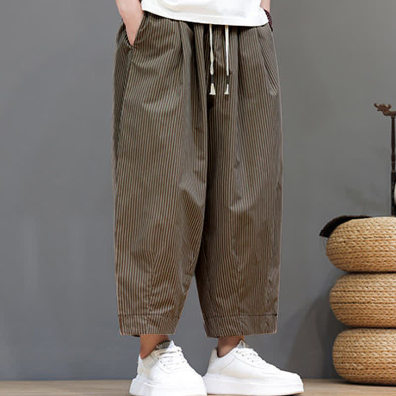 Buddha Stones Summer Casual Drawstring Striped Linen Capri Pants Men's Harem Pants With Pocket - image 23