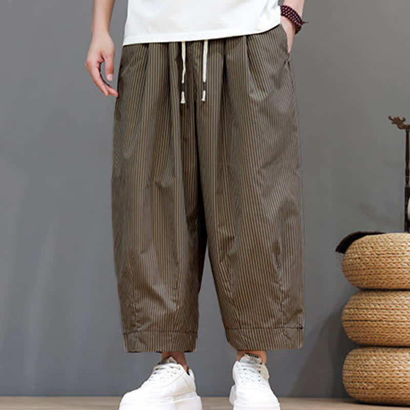 Buddha Stones Summer Casual Drawstring Striped Linen Capri Pants Men's Harem Pants With Pocket - image 21