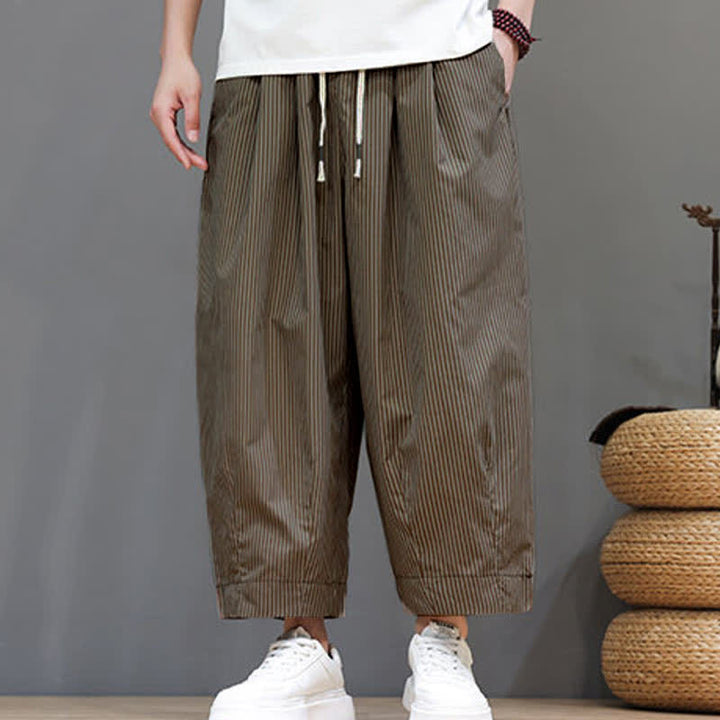 Buddha Stones Summer Casual Drawstring Striped Linen Capri Pants Men's Harem Pants With Pocket - image 21