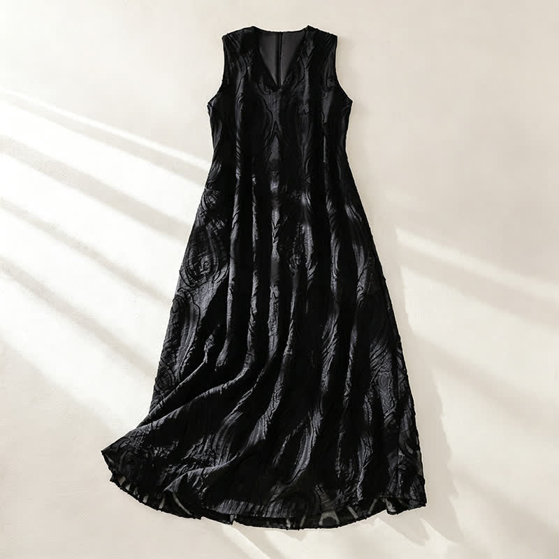 Buddha Stones Summer Elegant Casual Minimalist Lines Solid V-Neck Women's Summer Sleeveless Dress With Pockets - Black - US8-10, UK/AU12-14, EU40-42 (2XL) - image 11