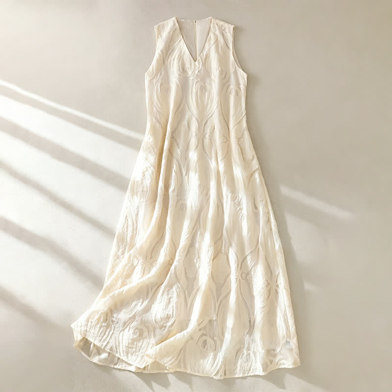 Buddha Stones Summer Elegant Casual Minimalist Lines Solid V-Neck Women's Summer Sleeveless Dress With Pockets - Beige - US8-10, UK/AU12-14, EU40-42 (2XL) - image 0